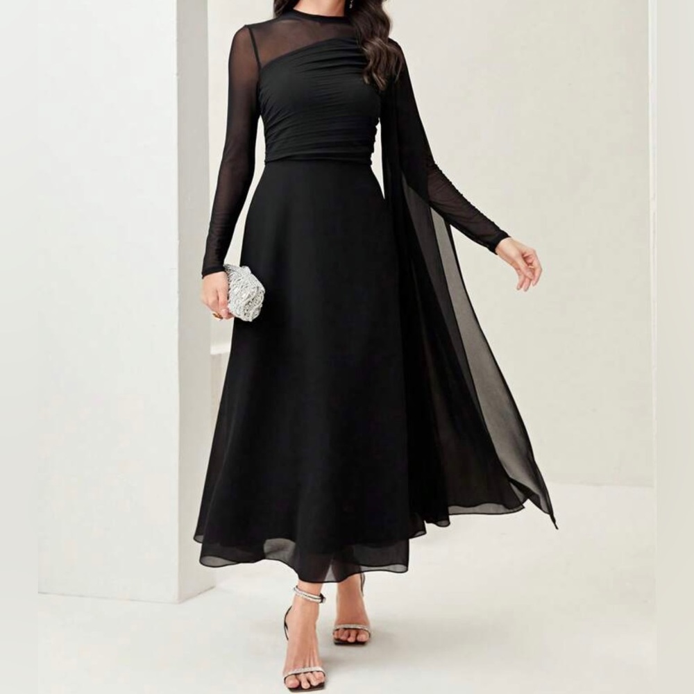 Petite Elegant Black Mesh Rushed Dress